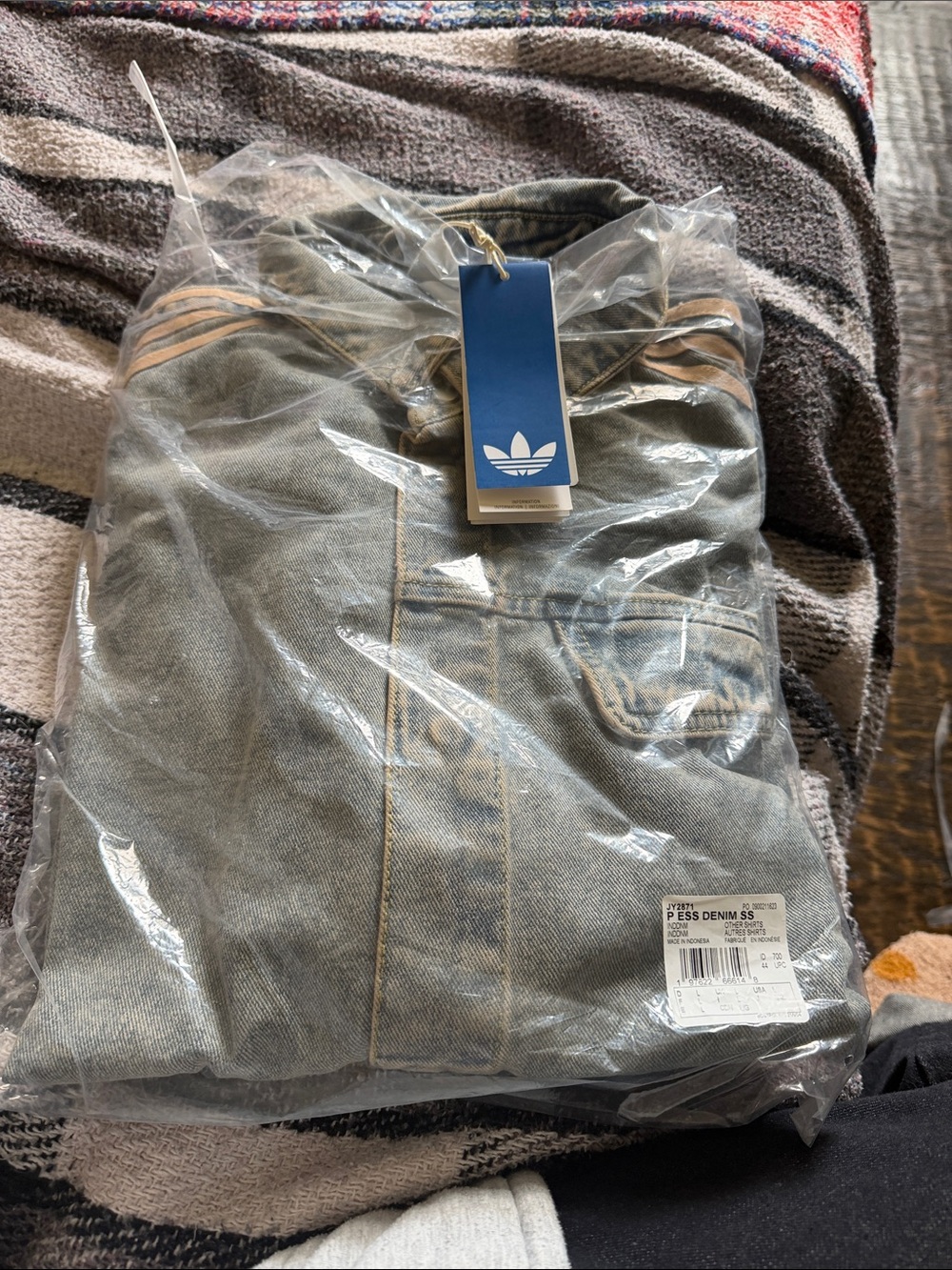adidas Faded Blue Denim Short-Sleeve Button-Up with Cream Stripes - Picture 7 of 7